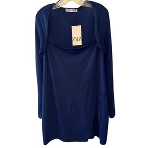 Zara Navy Blue Square Neck‎ Thin Sweater Tunic, Offset Slit Large NWT